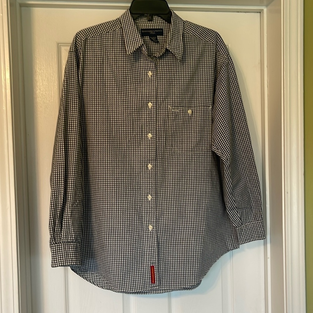 J Crew Women’s Navy Blue and White Gingham Checked Button Up Shirt Size M
